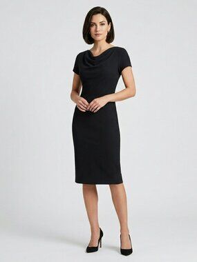 Sheri Martin Sheath Dress Black Cap-Sleeve Cowl Neck Midi Elegant Classic Size 8